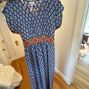 Alya Blue and White Maxi Dress with Floral Detail